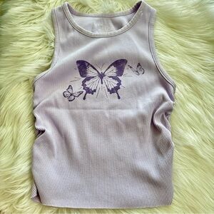 Aerie Lilac Lavender Butterfly Print Ribbed Tank Top, XS